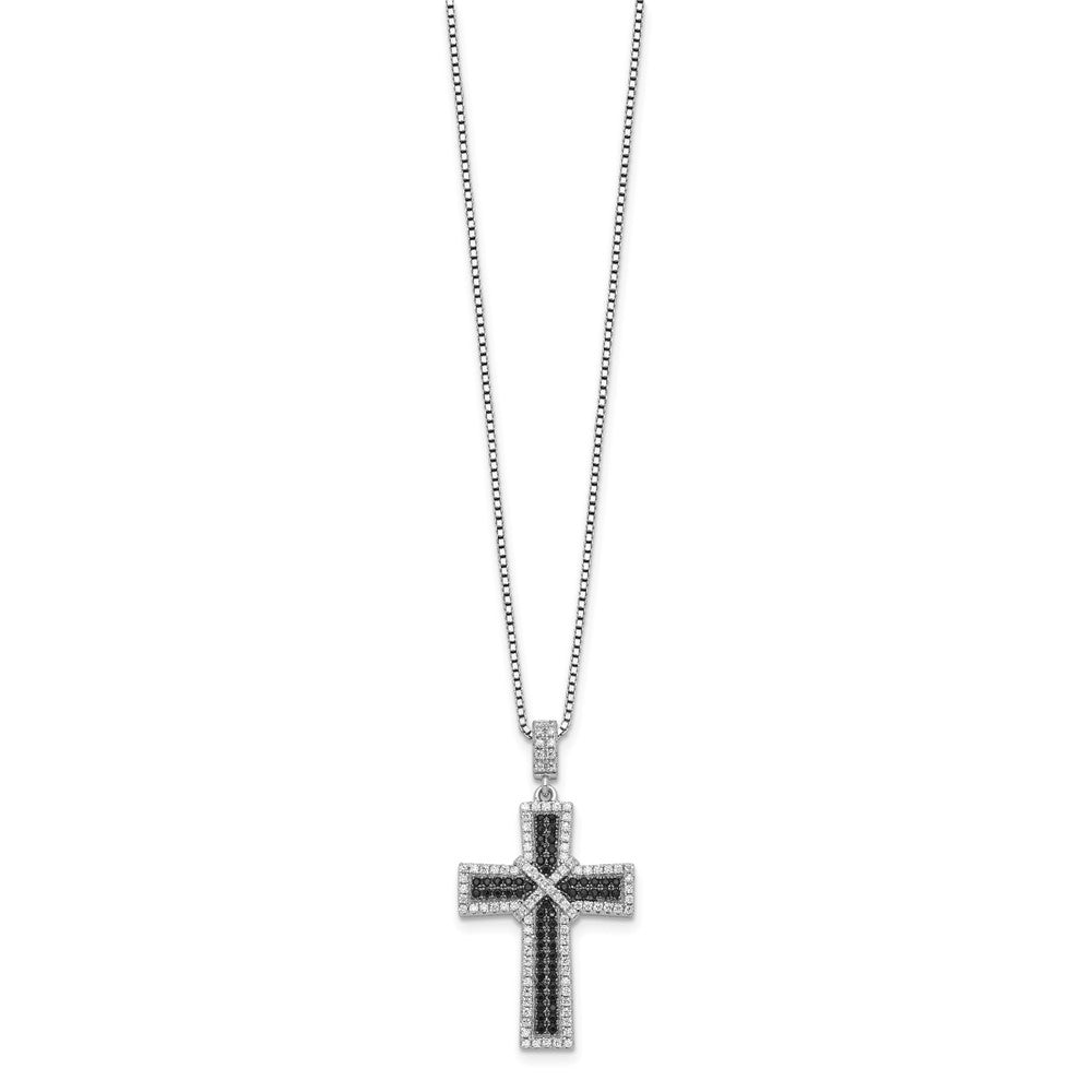 Brilliant Embers Sterling Silver Rhodium-plated 156 Stone Black and White Micro Pav¬Ç CZ Polished Cross Necklace with 2 Inch Extender