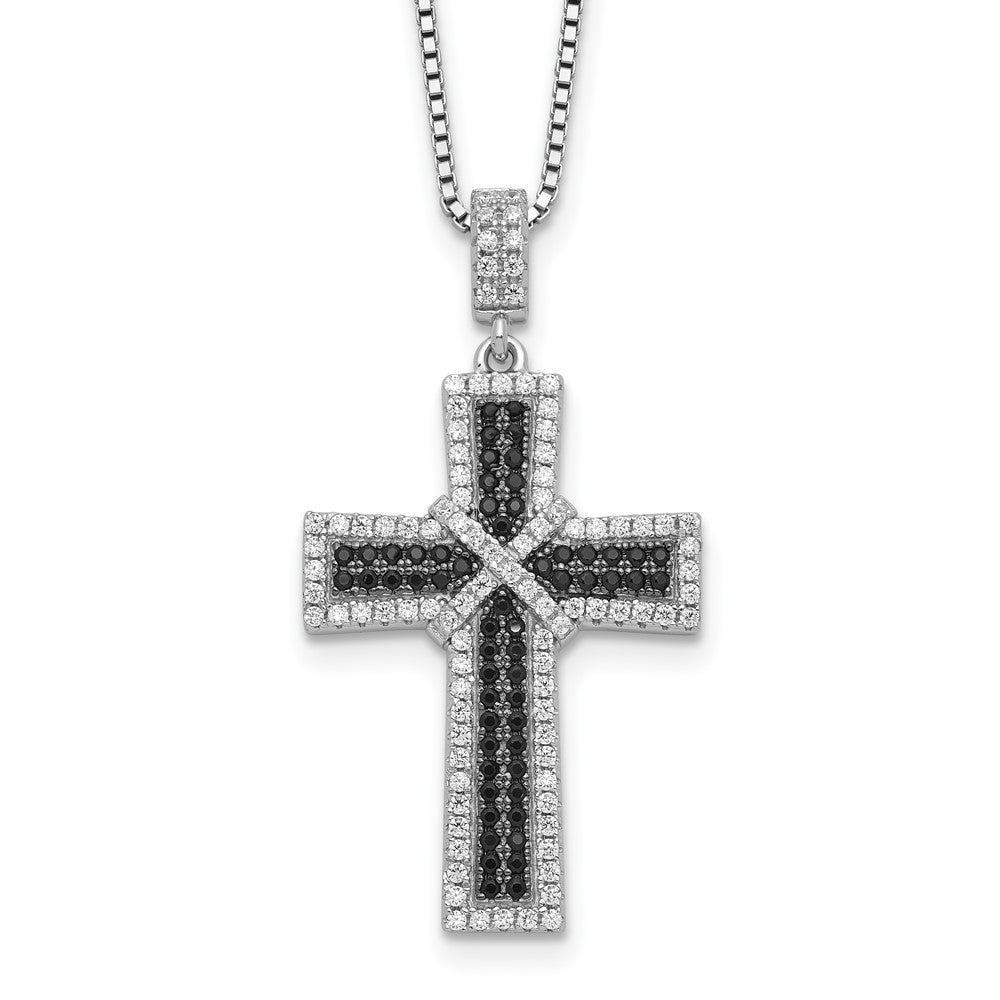 Brilliant Embers Sterling Silver Rhodium-plated 156 Stone Black and White Micro Pav¬Ç CZ Polished Cross Necklace with 2 Inch Extender