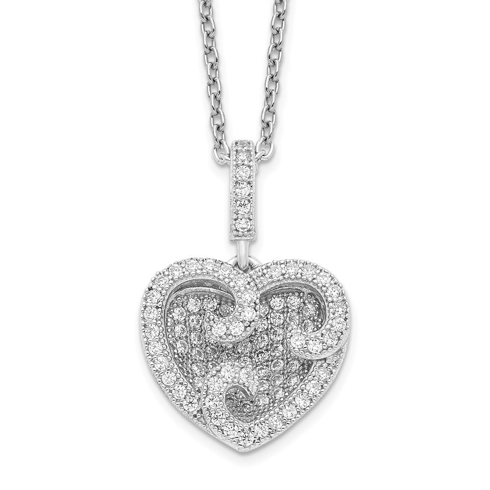 Brilliant Embers Sterling Silver Rhodium-plated 100 Stone Micro Pav CZ Polished Heart Necklace with 2 Inch Extender