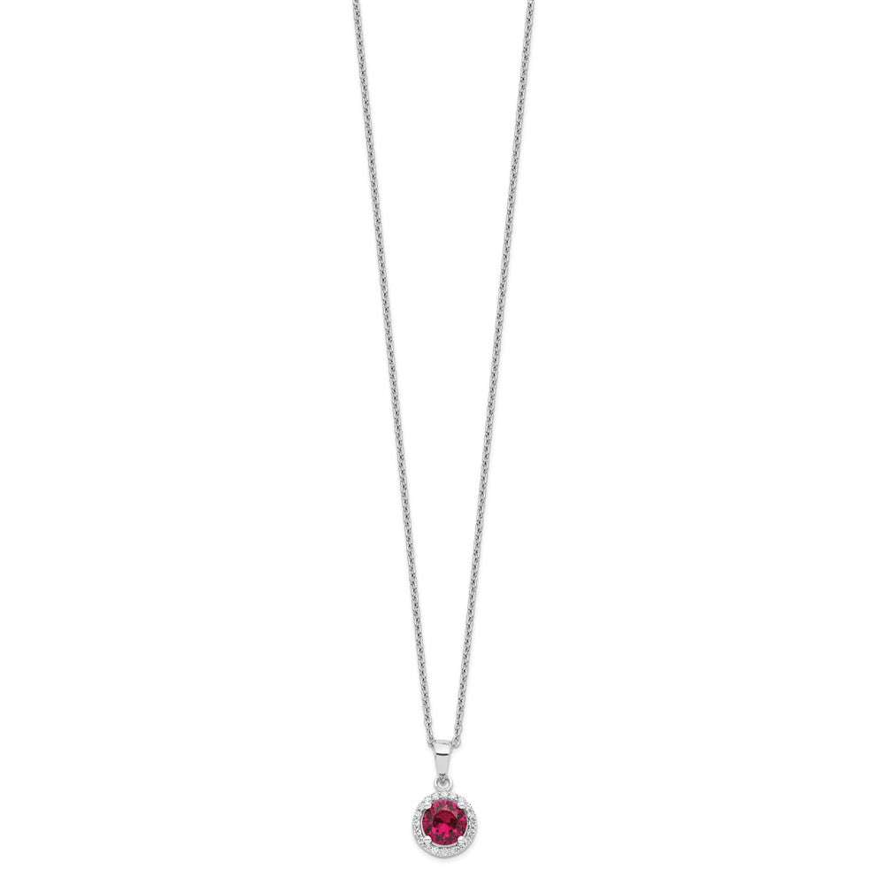 Brilliant Embers Sterling Silver Rhodium-plated 20 Stone Red Corundum and Clear CZ Halo Necklace with 2 Inch Extender