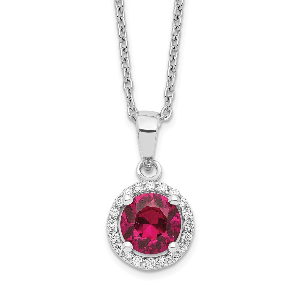 Brilliant Embers Sterling Silver Rhodium-plated 20 Stone Red Corundum and Clear CZ Halo Necklace with 2 Inch Extender