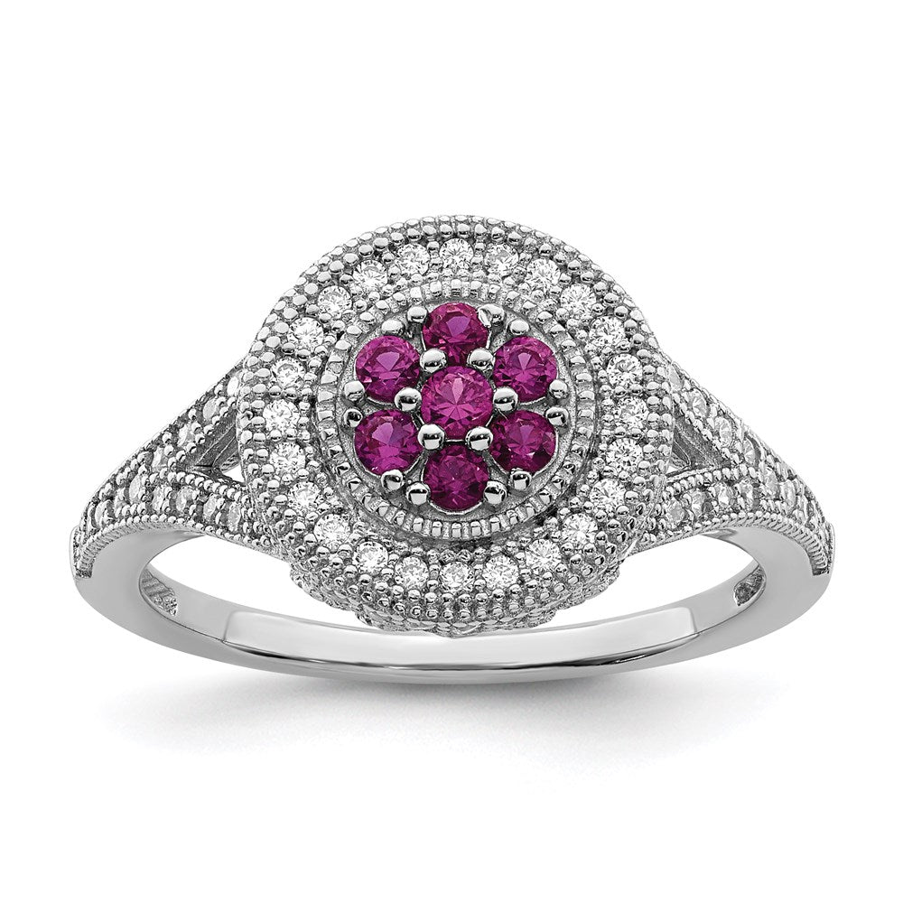Brilliant Embers Sterling Silver Rhodium-plated 86 Stone Micro Pav Red and White CZ Circle Ring