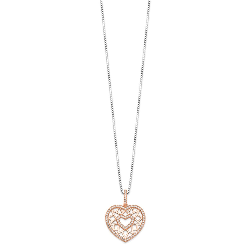 Brilliant Embers Sterling Silver Rose-tone Flash Rose Gold-plated 77 Stone Micro Pav CZ Heart Necklace with 2 Inch Extender