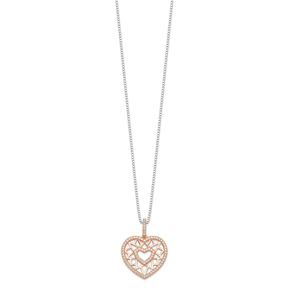 Brilliant Embers Sterling Silver Rose-tone Flash Rose Gold-plated 77 Stone Micro PavÇ CZ Heart Necklace with 2 Inch Extender