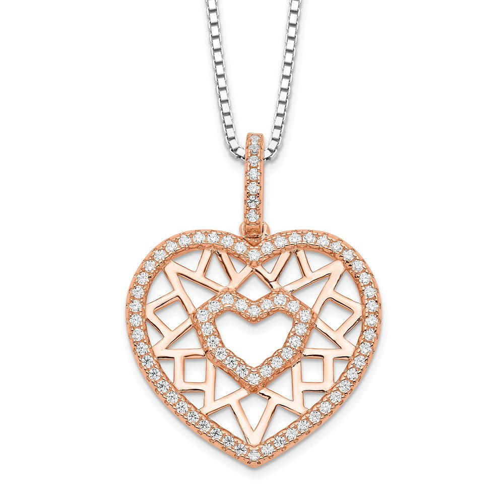 Brilliant Embers Sterling Silver Rose-tone Flash Rose Gold-plated 77 Stone Micro Pav CZ Heart Necklace with 2 Inch Extender