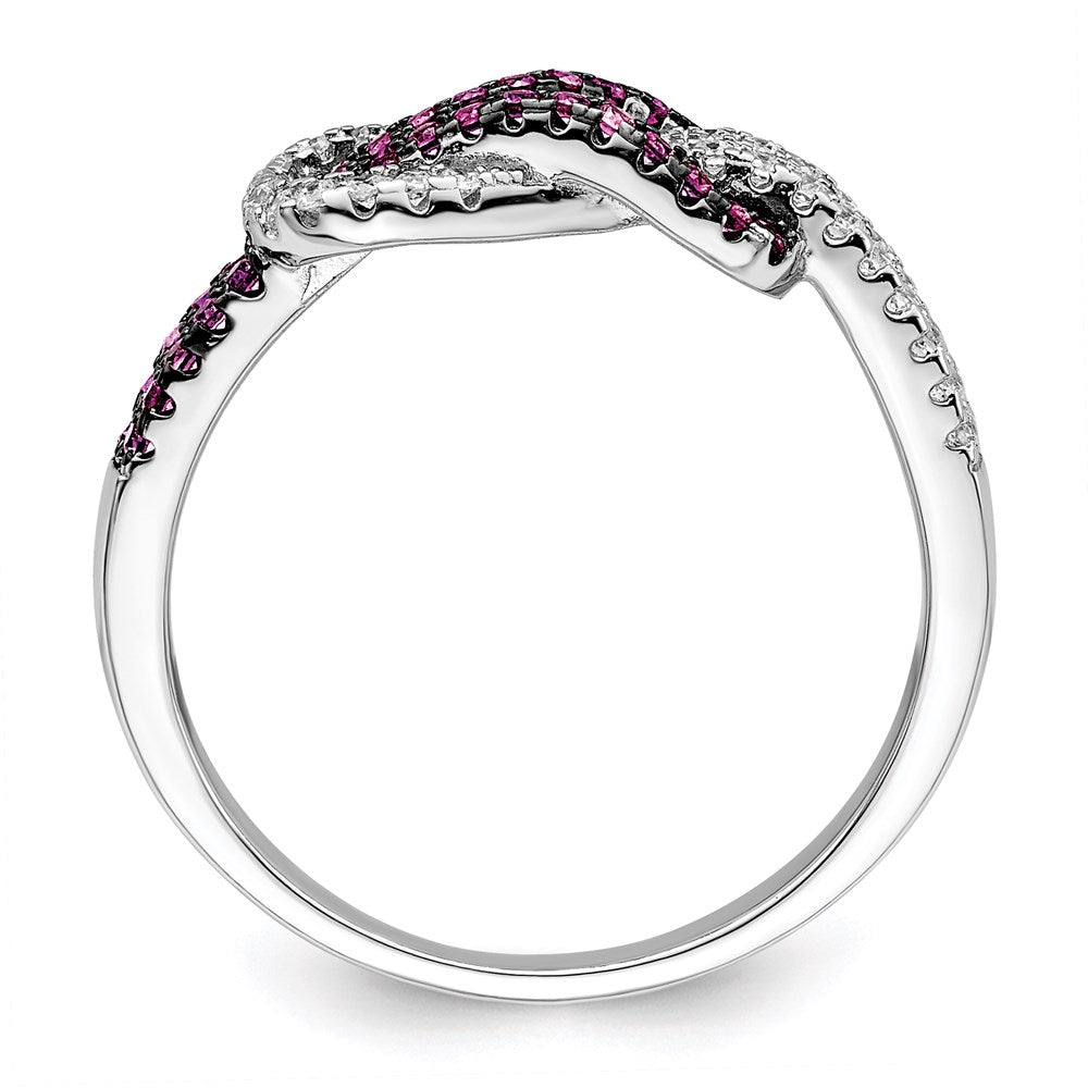 Brilliant Embers Sterling Silver Rhodium-plated 64 Stone Micro PavÂ Red and White CZ Love Knot Ring