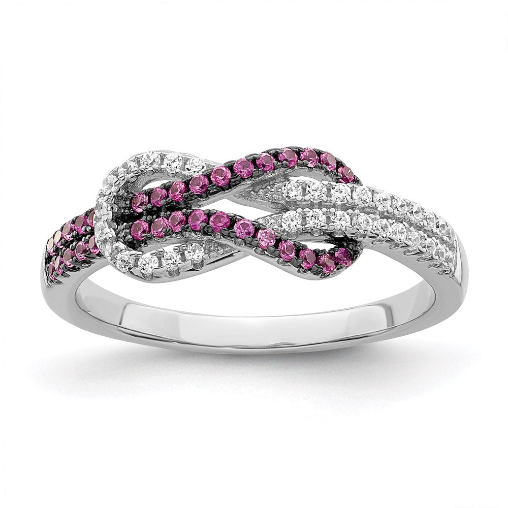 Brilliant Embers Sterling Silver Rhodium-plated 64 Stone Micro PavÂ Red and White CZ Love Knot Ring