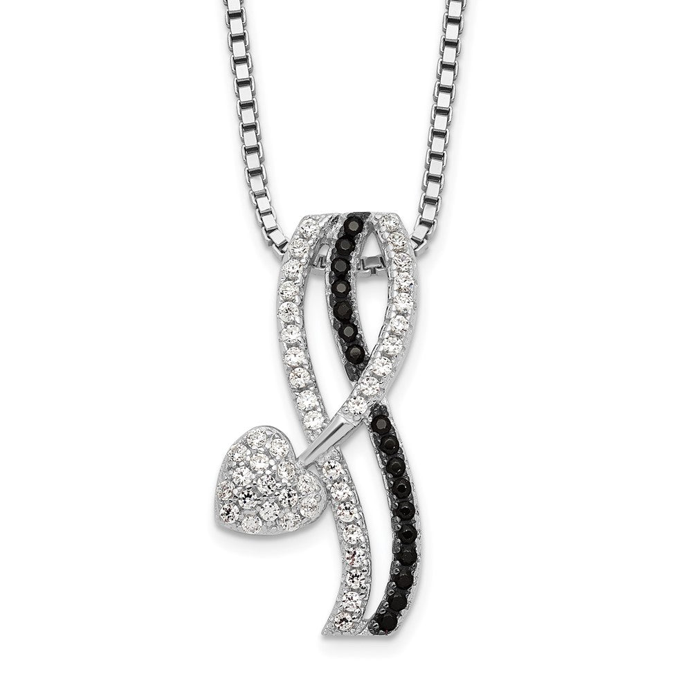 Brilliant Embers Sterling Silver Rhodium-plated 61 Stone Black Spinel Micro Pav Black and White CZ Heart Necklace with 2 Inch Extender