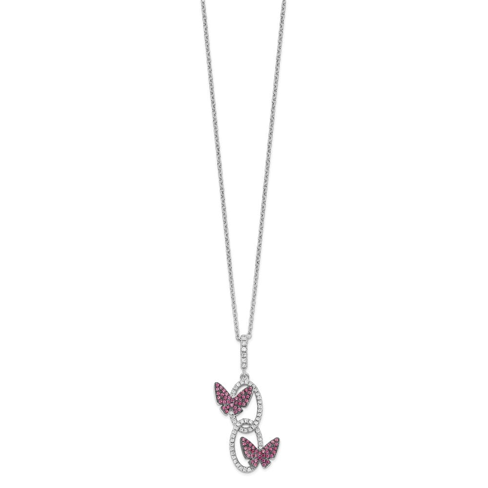 Brilliant Embers Sterling Silver Rhodium-plated White CZ Ovals with Red CZ Butterflies Necklace with 2 Inch Extender