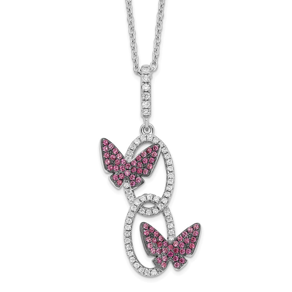 Brilliant Embers Sterling Silver Rhodium-plated White CZ Ovals with Red CZ Butterflies Necklace with 2 Inch Extender