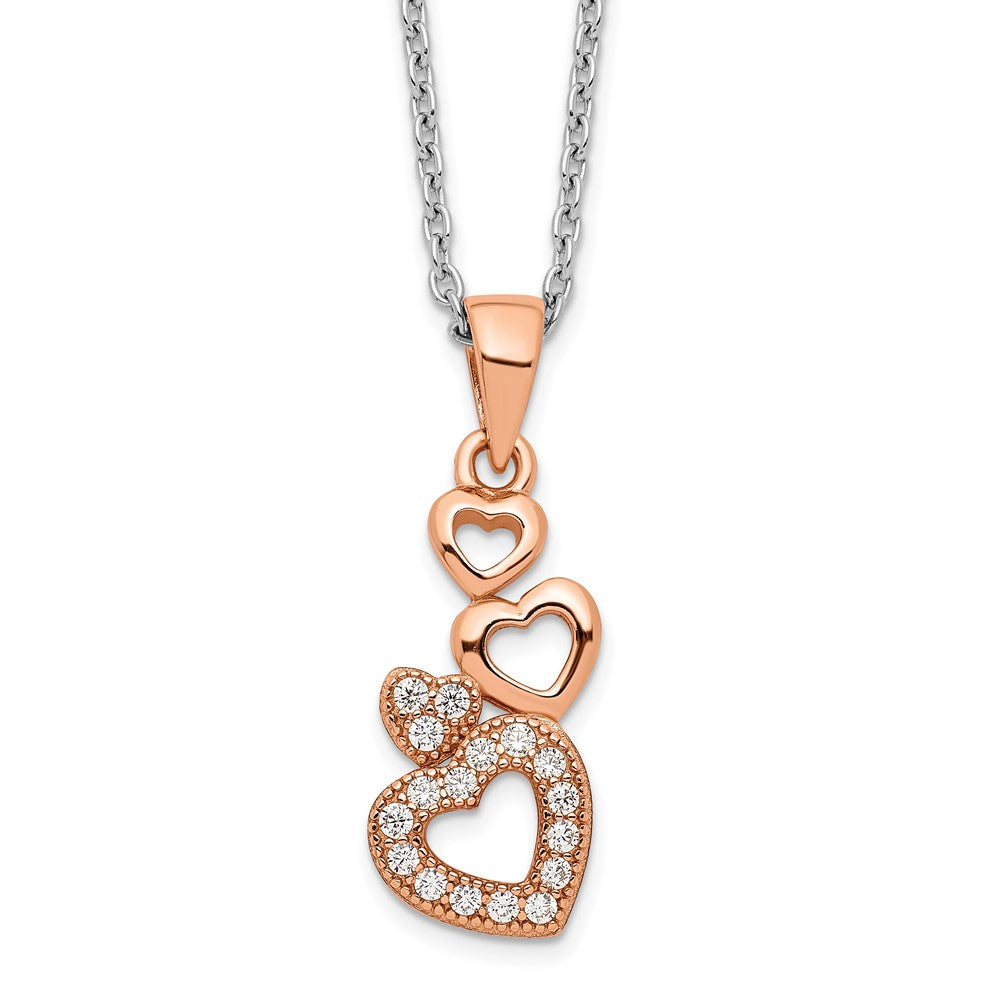 Brilliant Embers Sterling Silver Rose-tone Flash Rose Gold-plated 17 Stone CZ Four Linked Hearts Necklace with 2 Inch Extender