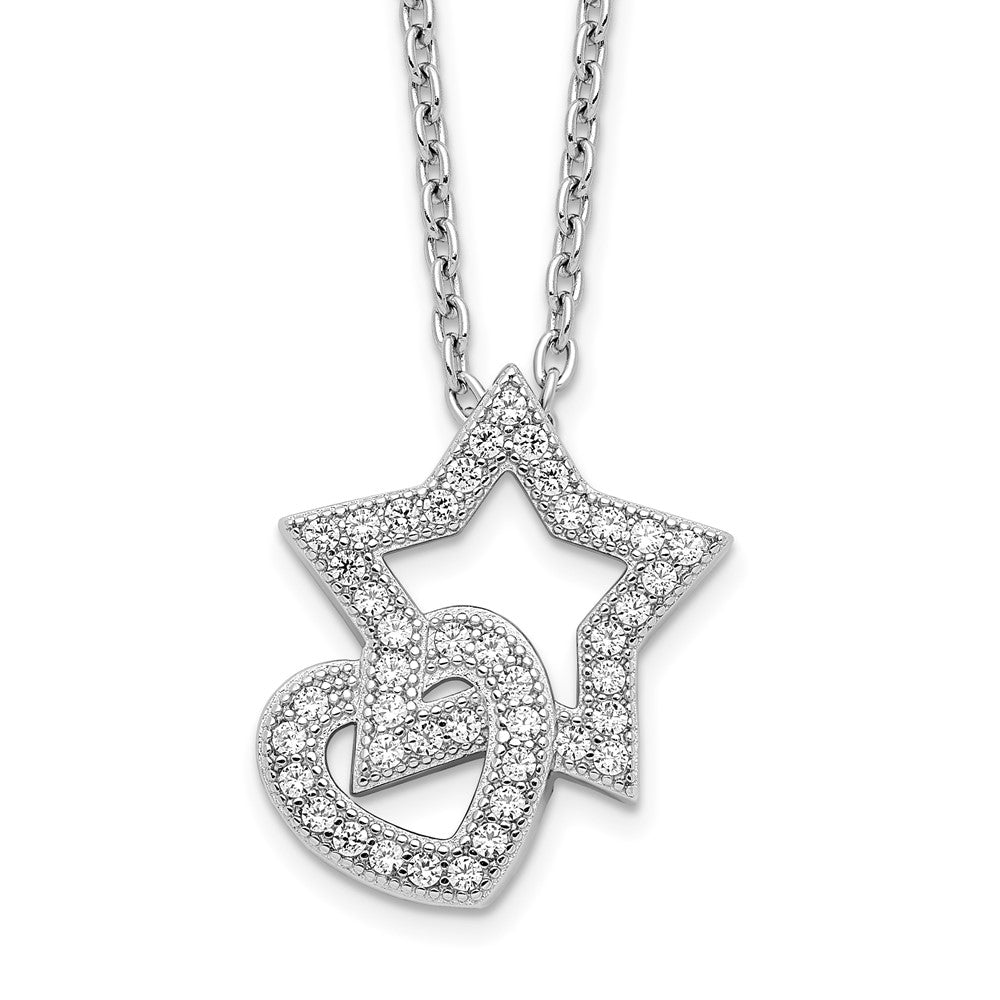 Brilliant Embers Sterling Silver Rhodium-plated 43 Stone Micro Pav CZ Heart and Star Necklace with 2 Inch Extender
