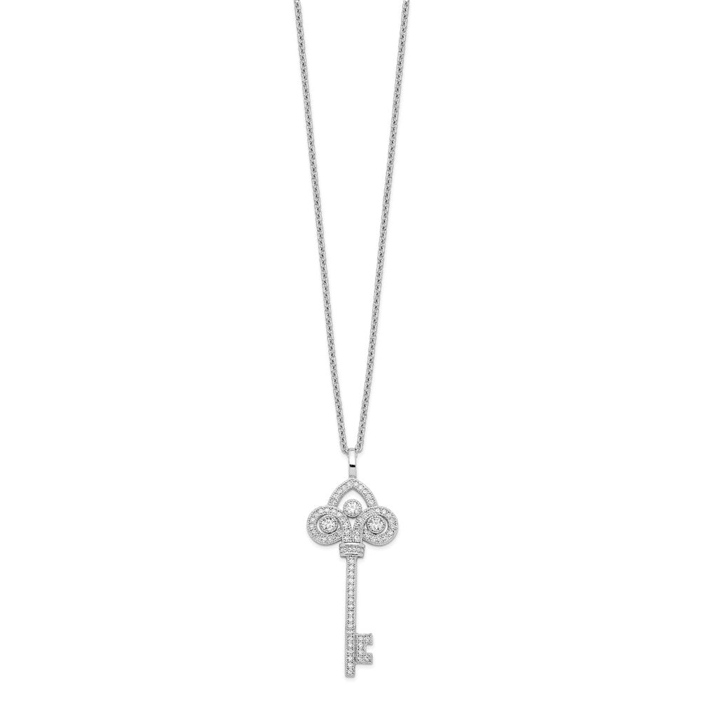 Brilliant Embers Sterling Silver Rhodium-plated 69 Stone Micro Pav CZ Polished Key Necklace with 2 Inch Extender