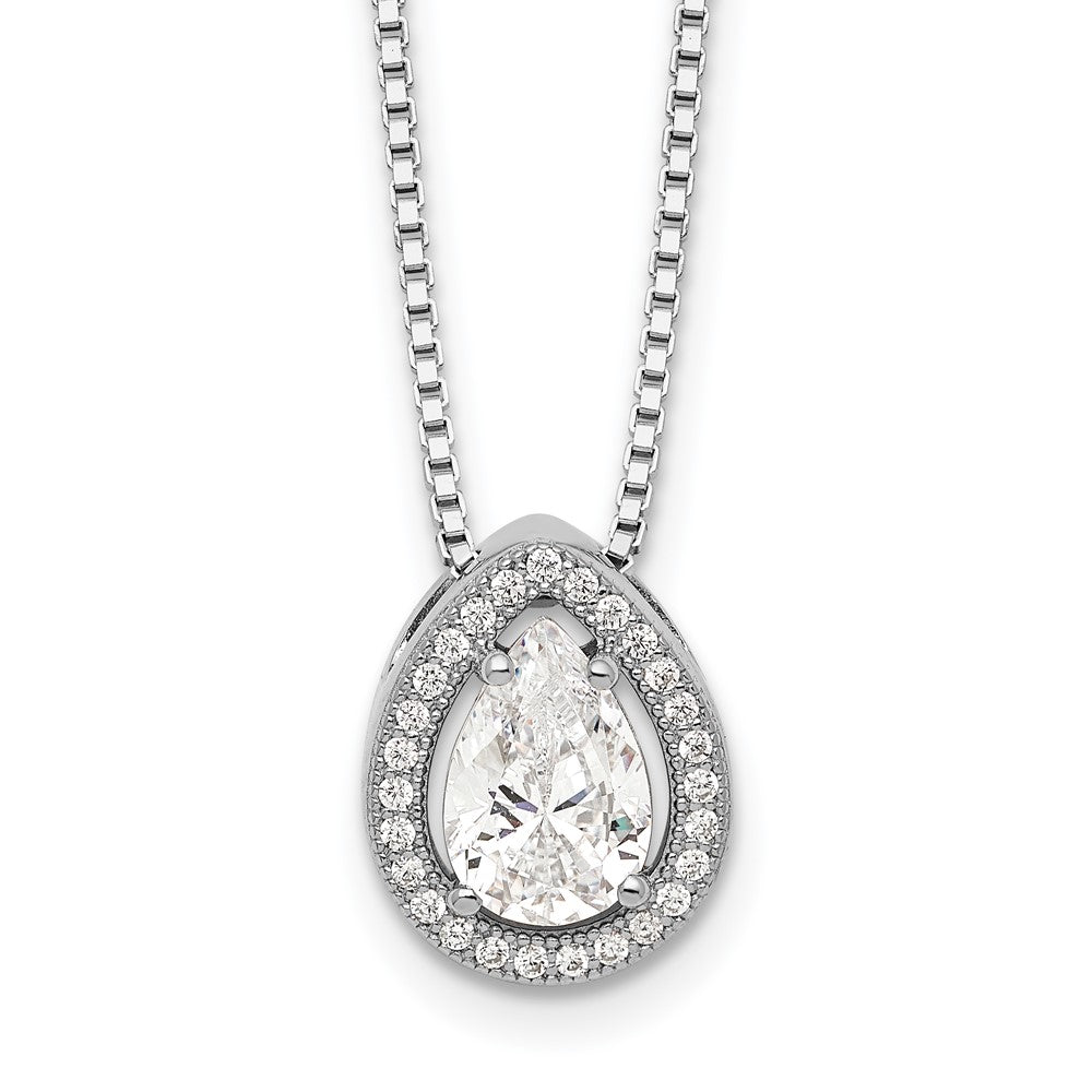 Brilliant Embers Sterling Silver Rhodium-plated 28 Stone Halo Micro PavÂ CZ Teardrop Necklace with 2 Inch Extender