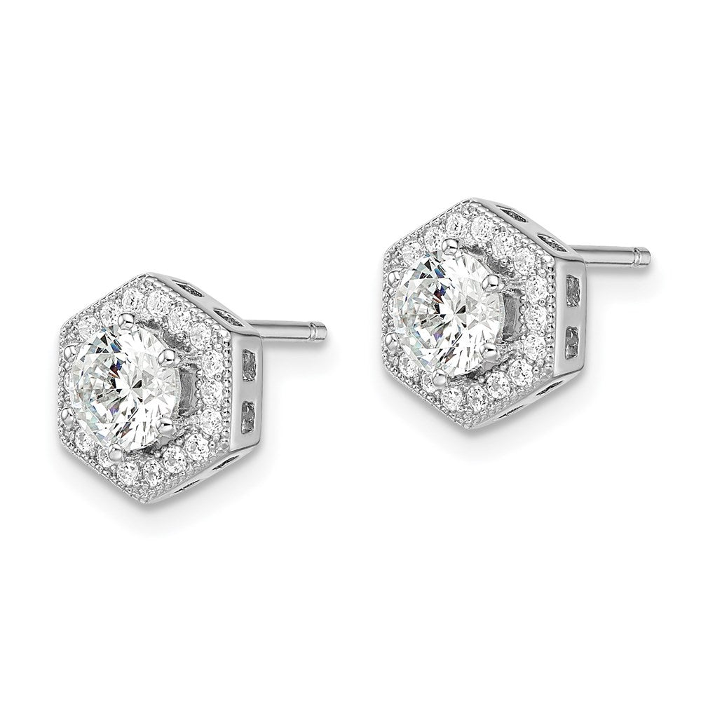 Brilliant Embers Sterling Silver Rhodium-plated 38 stone Micro PavÂ CZ Halo Hexagon Post Earrings