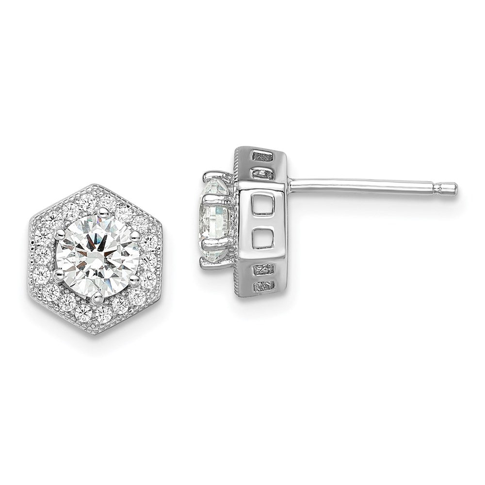 Brilliant Embers Sterling Silver Rhodium-plated 38 stone Micro PavÂ CZ Halo Hexagon Post Earrings