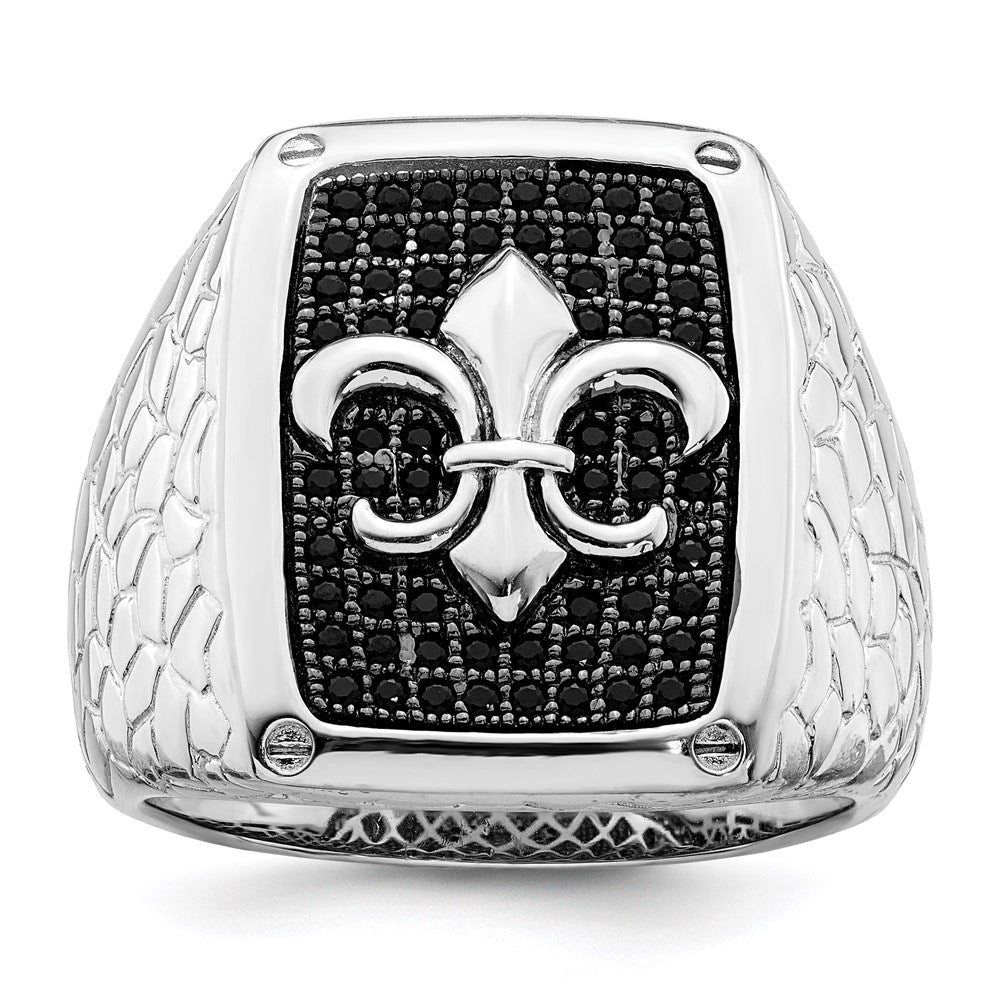 Brilliant Embers Sterling Silver Rhodium-plated 62 Stone Black Micro PavÂ CZ Fleur De Lis Men's Ring