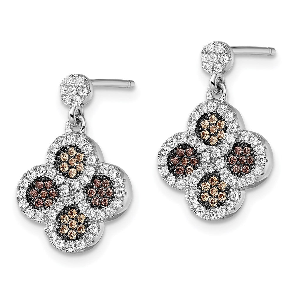 Brilliant Embers Sterling Silver Rhodium-plated 150 Stone Micro Pav Champagne and White CZ Flower Dangle Post Earrings