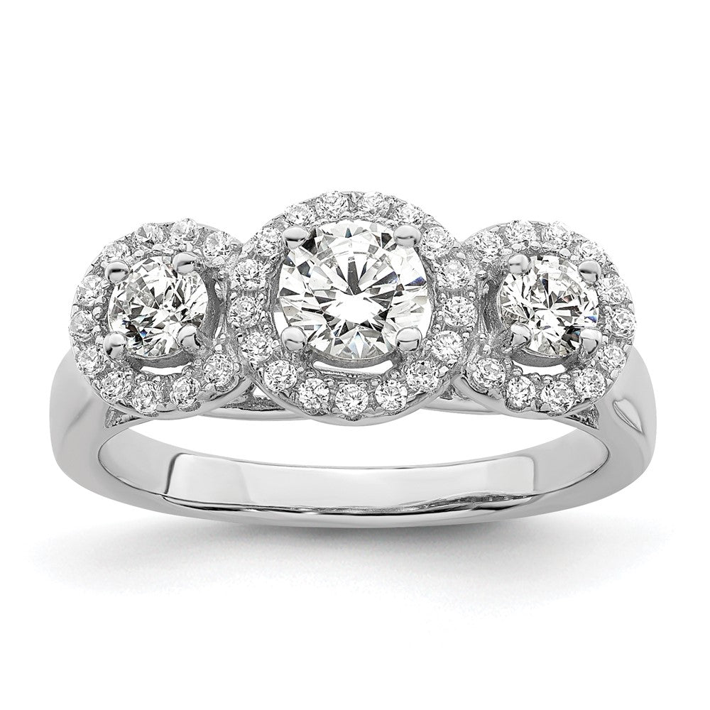 Brilliant Embers Sterling Silver Rhodium-plated 42 Stone Halo Micro Pav¬Ç CZ 3 Stone Ring
