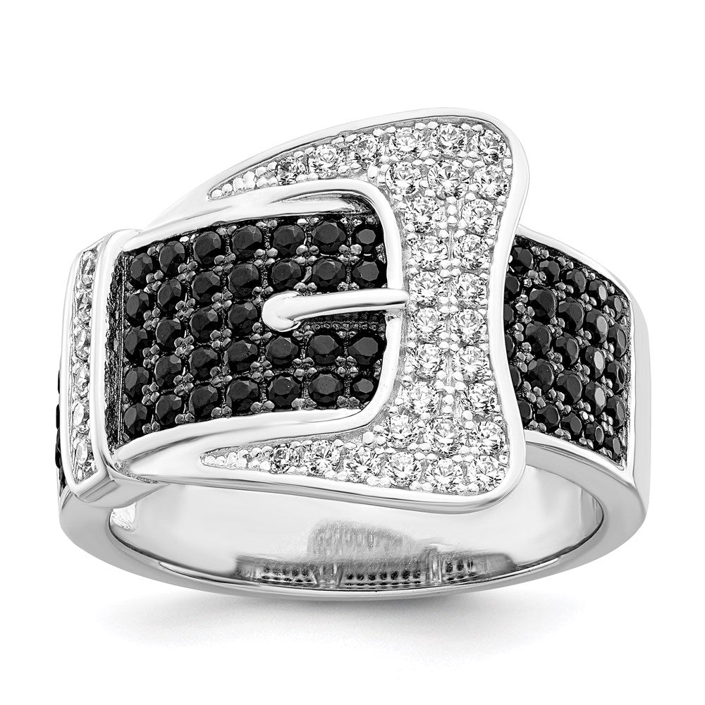 Brilliant Embers Sterling Silver Rhodium-plated 109 Stone Micro PavÂ Black and White CZ Buckle Ring