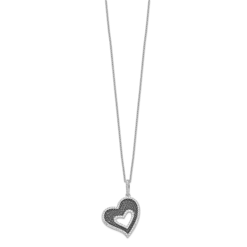 Brilliant Embers Sterling Silver Rhodium-plated 170 Stone Micro Pav Black and White CZ Heart Necklace with 2 Inch Extender
