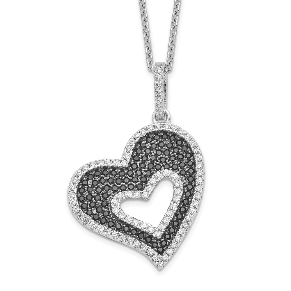 Brilliant Embers Sterling Silver Rhodium-plated 170 Stone Micro PavÇ Black and White CZ Heart Necklace with 2 Inch Extender