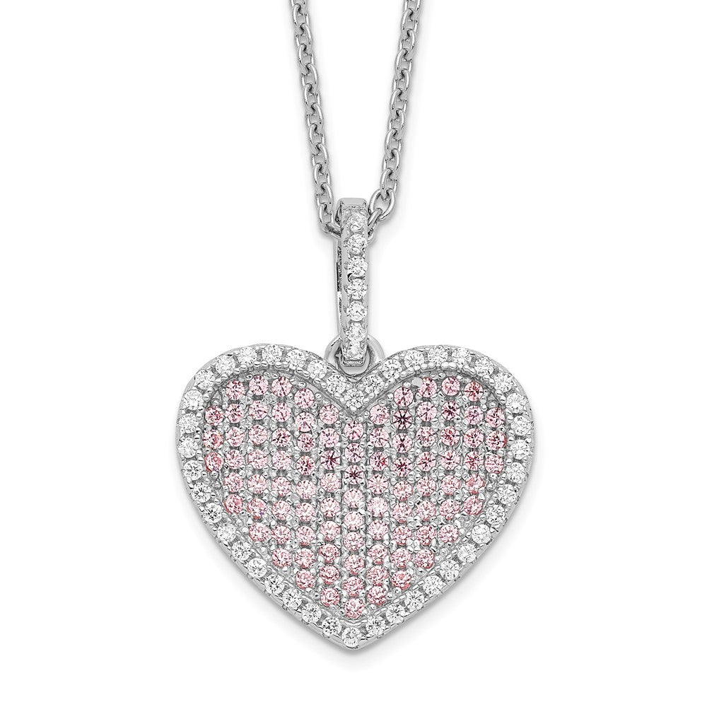 Brilliant Embers Sterling Silver Rhodium-plated 142 Stone White and Pink CZ Heart Necklace with 2 Inch Extender