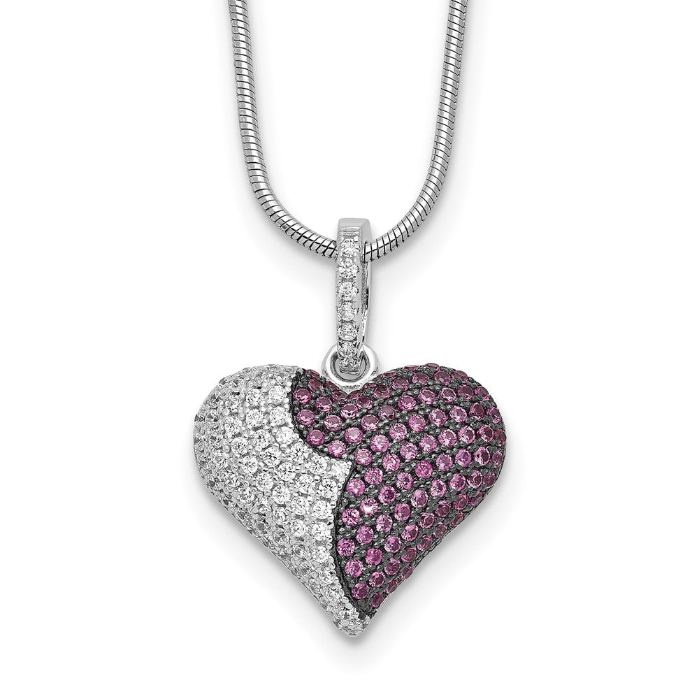 Brilliant Embers Sterling Silver Rhodium-Plated 150 Stone Red and White CZ Heart Necklace with 2 Inch Extender