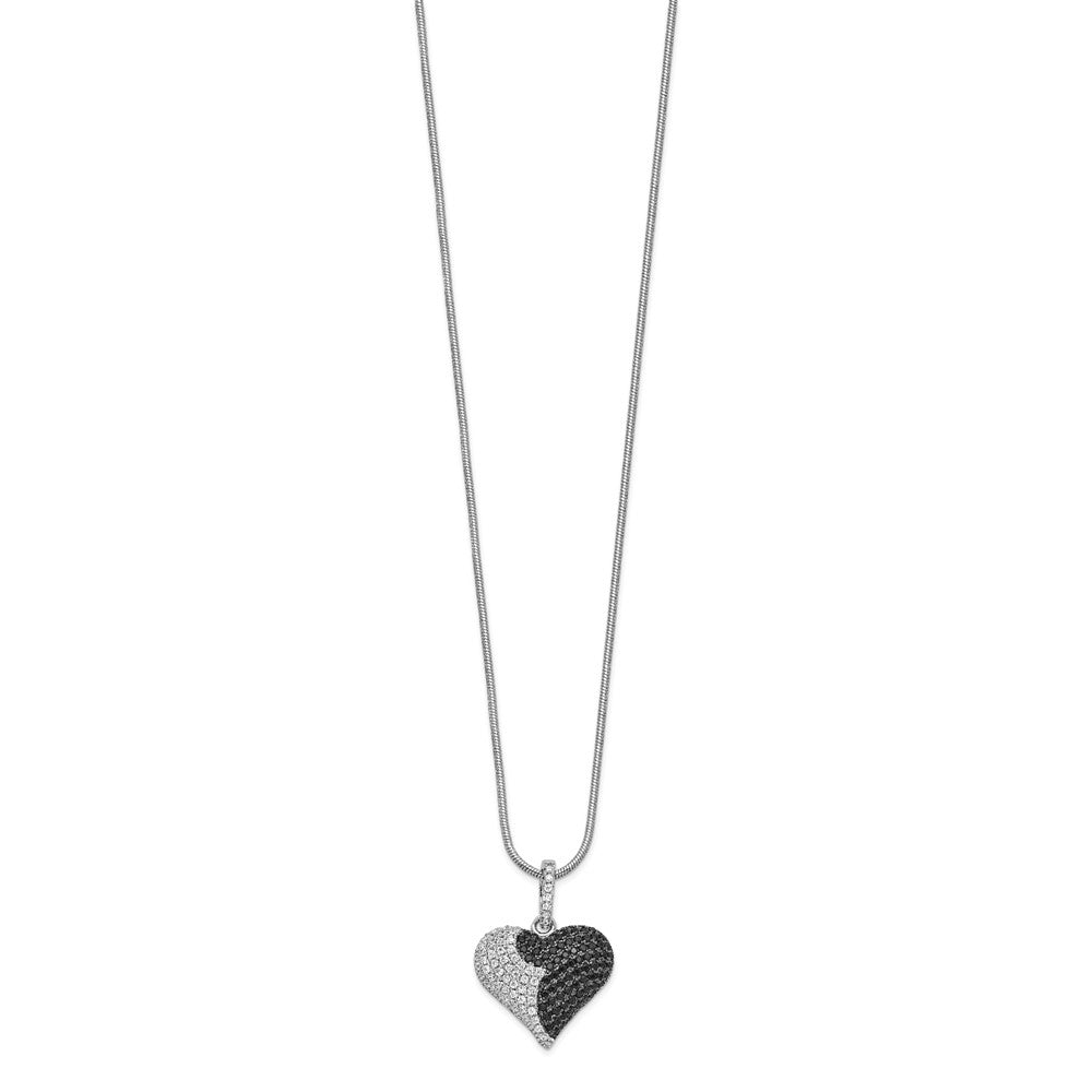 Brilliant Embers Sterling Silver Rhodium-plated 150 Stone Micro Pav Black and White CZ Heart Necklace with 2 Inch Extender