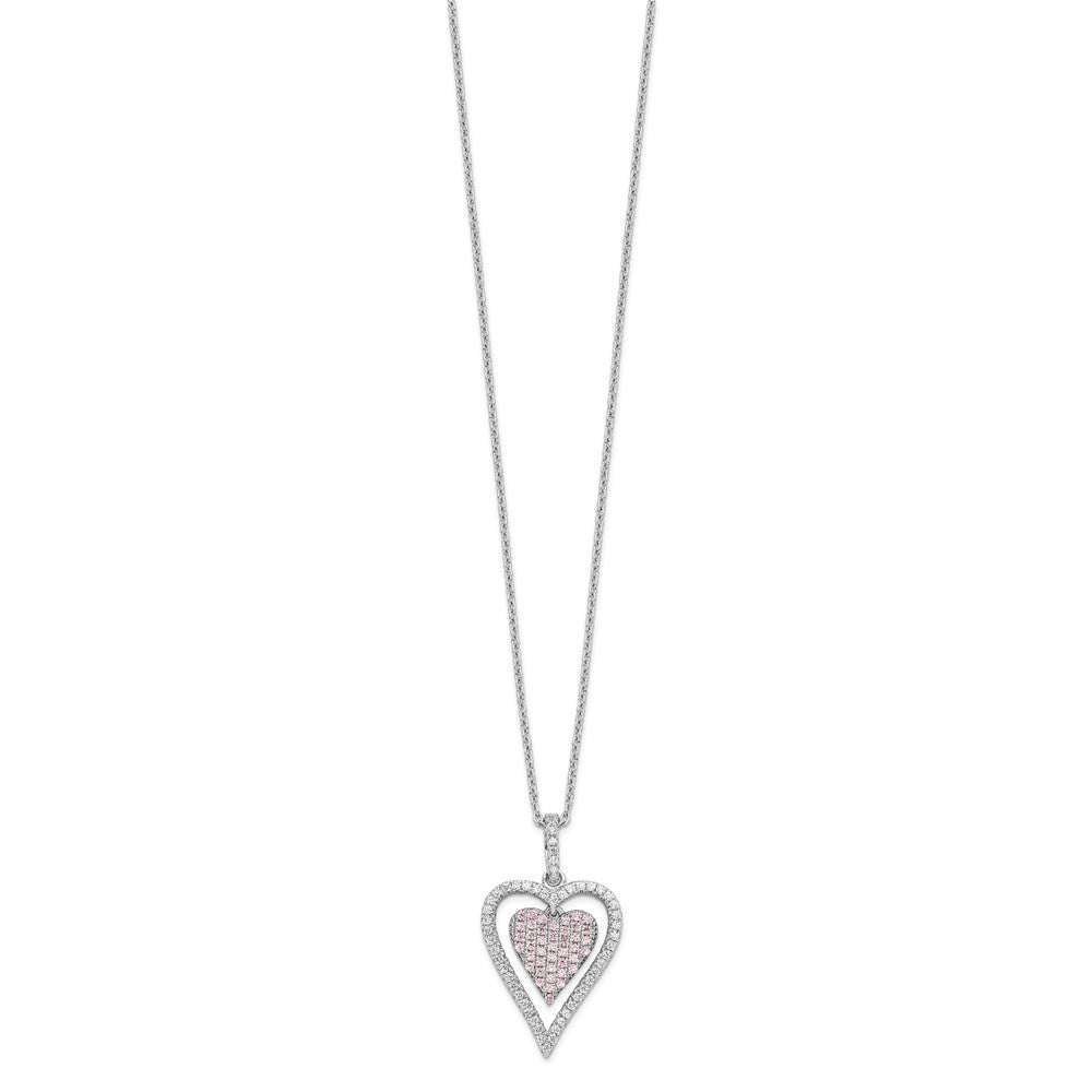 Brilliant Embers Sterling Silver Rhodium-plated 95 Stone Micro Pav White and Pink CZ Heart Necklace with 2 Inch Extender
