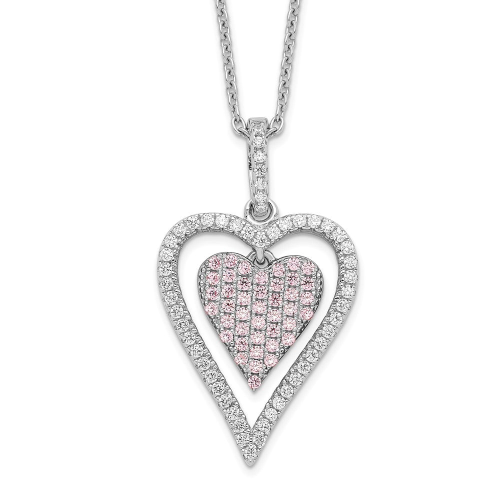 Brilliant Embers Sterling Silver Rhodium-plated 95 Stone Micro PavÇ White and Pink CZ Heart Necklace with 2 Inch Extender