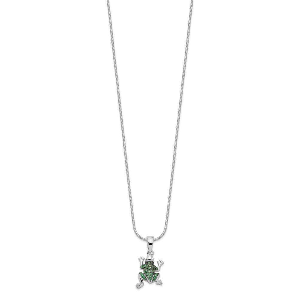 Brilliant Embers Sterling Silver Rhodium-plated 34 Stone Micro Pav Green CZ Frog Necklace with 2 Inch Extender