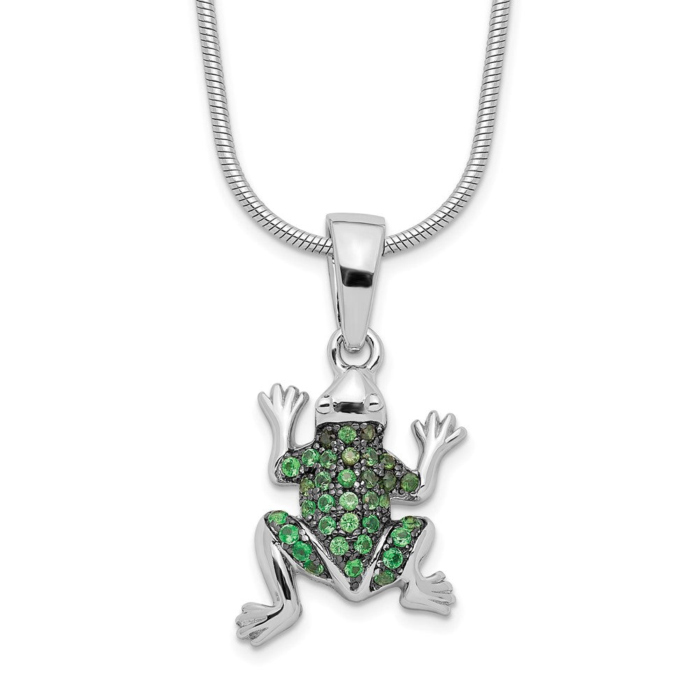 Brilliant Embers Sterling Silver Rhodium-plated 34 Stone Micro Pav Green CZ Frog Necklace with 2 Inch Extender