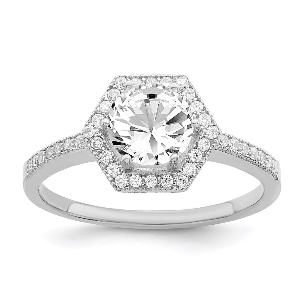Brilliant Embers Sterling Silver Rhodium-plated 39 Stone Hexagon Halo Micro Pav√á CZ Ring