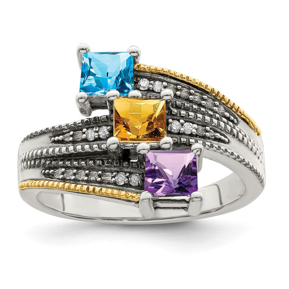 Sterling Silver Antiqued w/14k 3-stone w/Diamond Mother's Ring