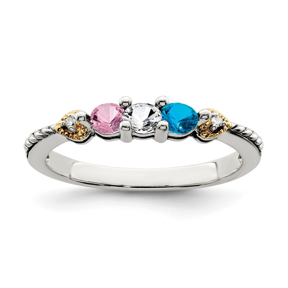 Sterling Silver Antiqued w/14k 3-stone w/Diamond Mother's Ring