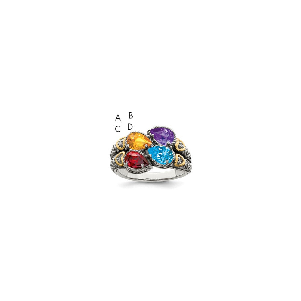 Sterling Silver Antiqued w/14k 4-stone w/Diamond Mother's Ring