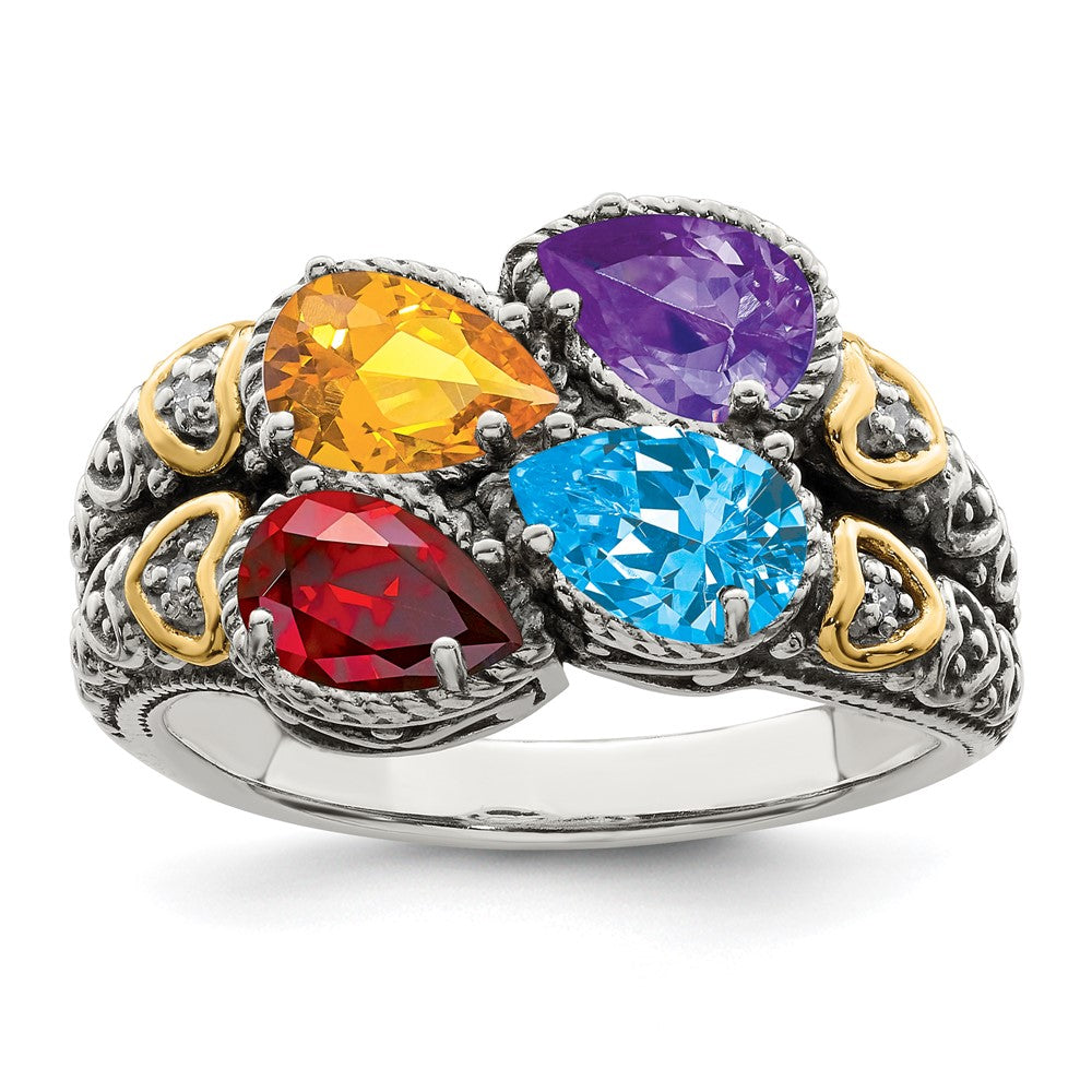 Sterling Silver Antiqued w/14k 4-stone w/Diamond Mother's Ring