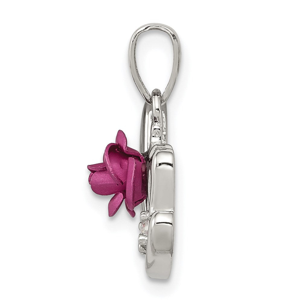 Sterling Silver Rhodium-plated Dyed Pink Aluminum Rose/Clear CZ Mom Pendant