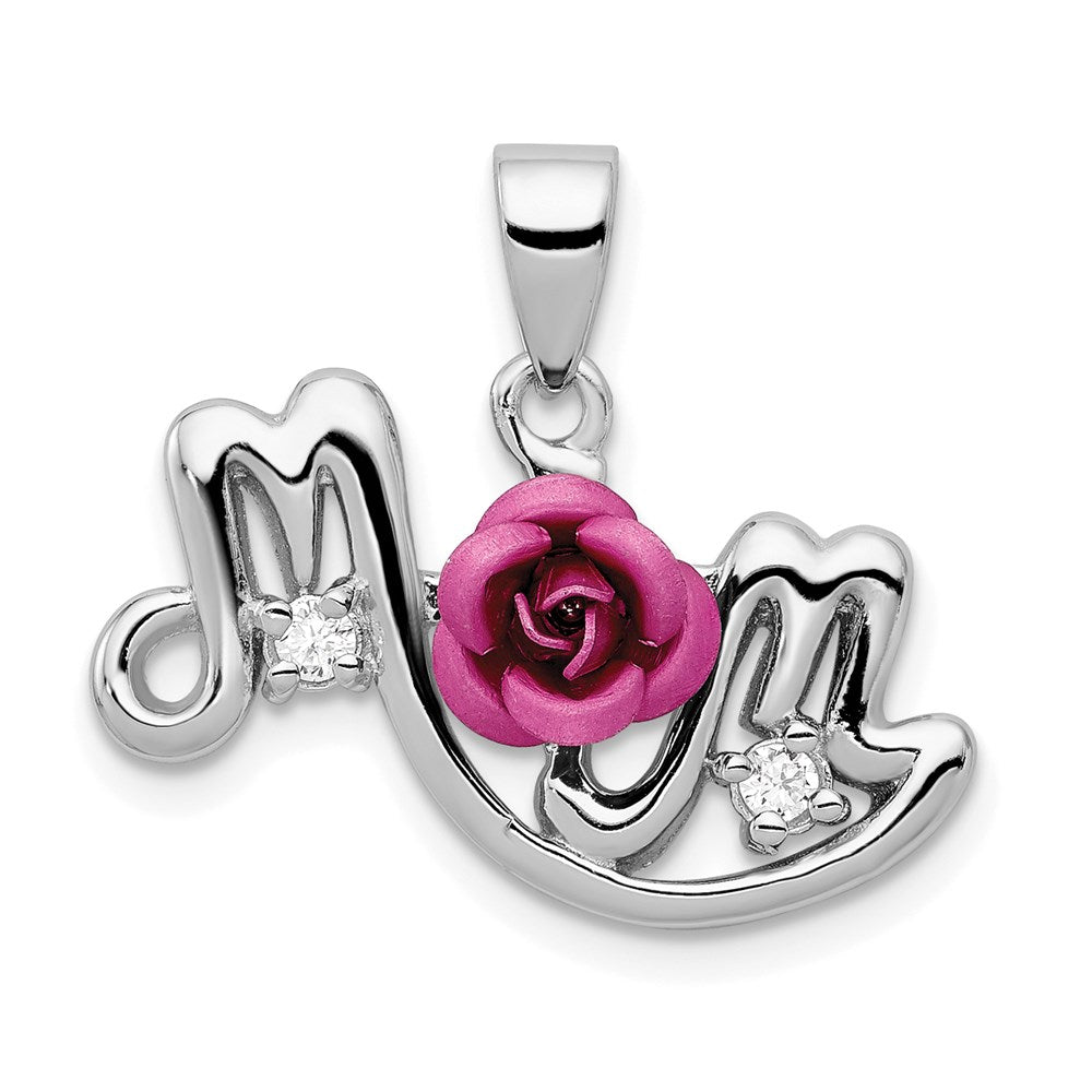 Sterling Silver Rhodium-plated Dyed Pink Aluminum Rose/Clear CZ Mom Pendant