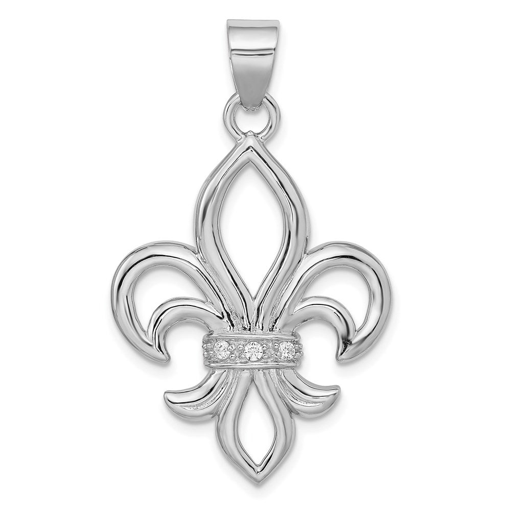 Sterling Silver Rhodium-platedCZ Fleur de Lis Pendant