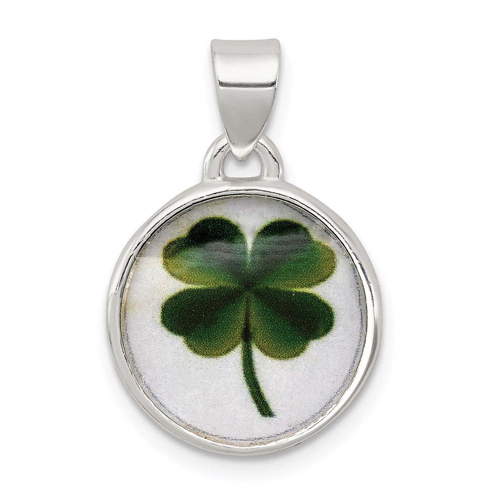 Sterling Silver 4 Leaf Clover Clear Enamel Pendant