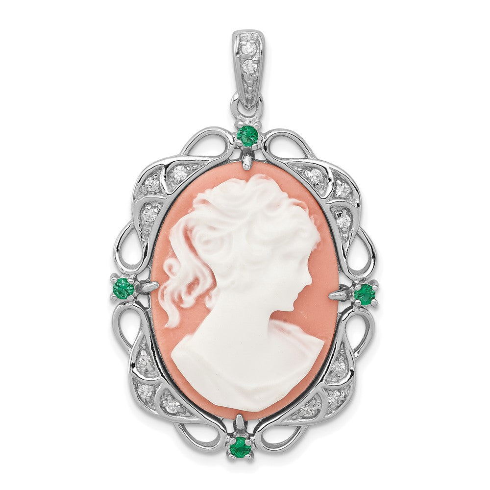 Sterling Silver Rhodium-plated Filigree Frame with Green Glass and Clear CZ Accents Plastic Pink Lady Cameo Pendant