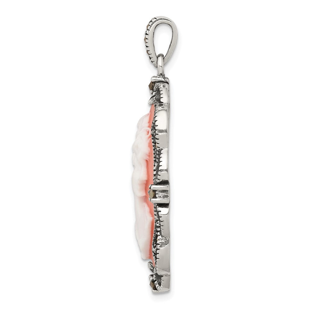 Sterling Silver Antiqued Marcasite and Pink Plastic Cameo Pendant