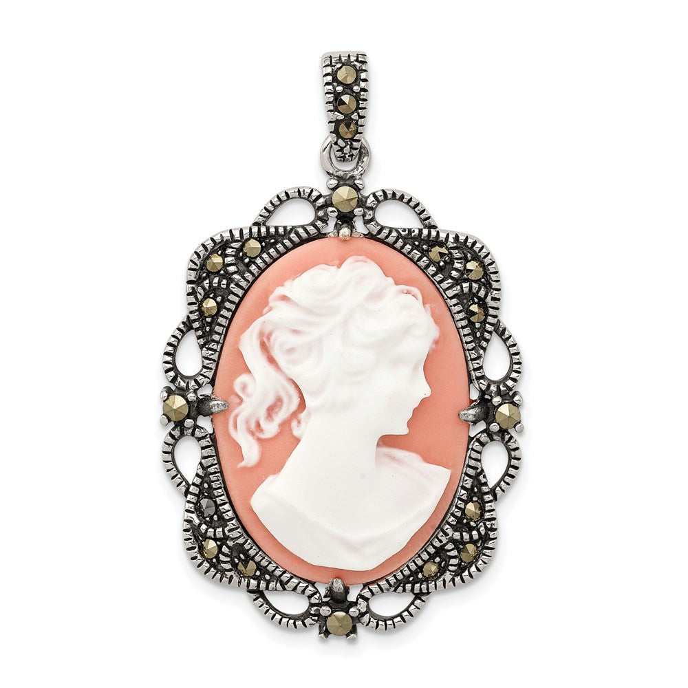 Sterling Silver Antiqued Marcasite and Pink Plastic Cameo Pendant