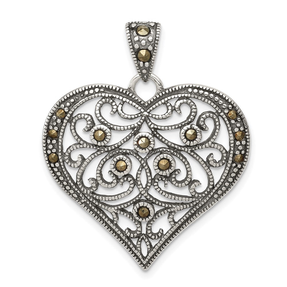 Sterling Silver Antiqued Marcasite Heart Pendant