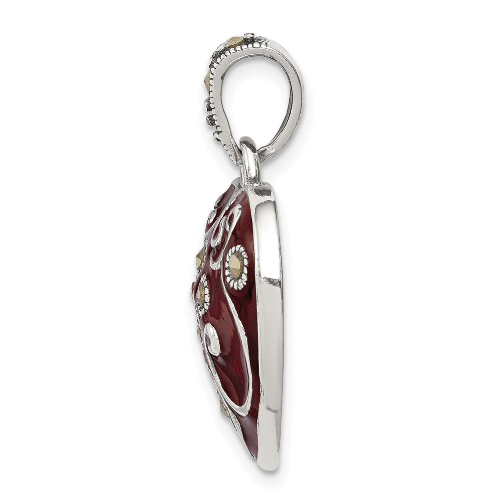 Sterling Silver Antiqued Red Enamel and Marcasite Heart Pendant