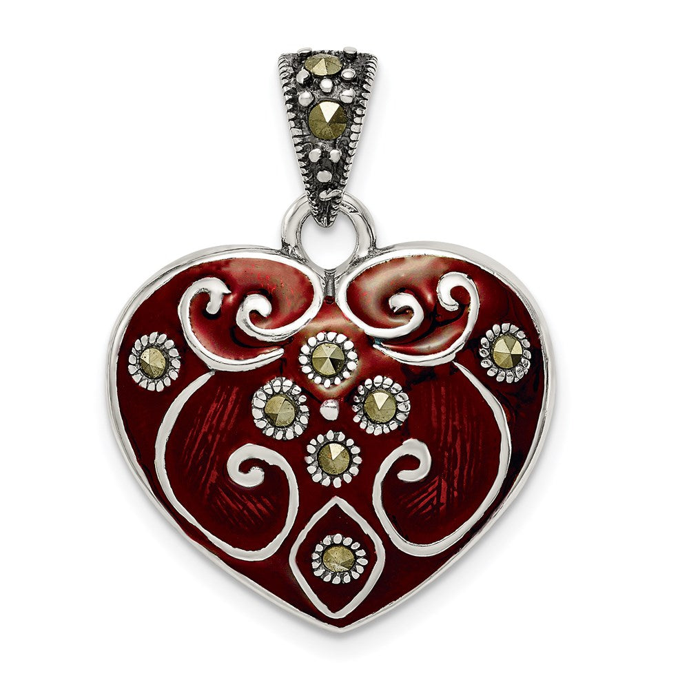 Sterling Silver Antiqued Red Enamel and Marcasite Heart Pendant