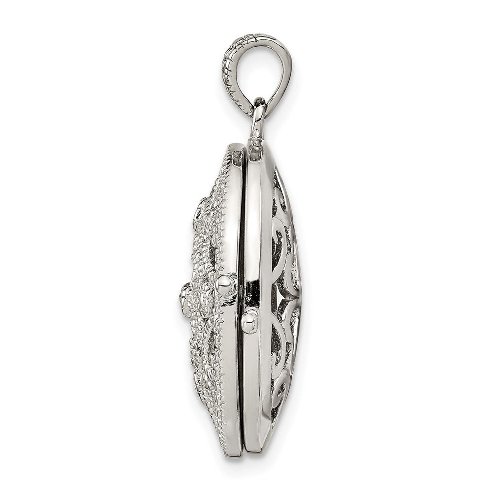 Sterling Silver Rhodium-plated CZ Fancy Filigree Oval Locket