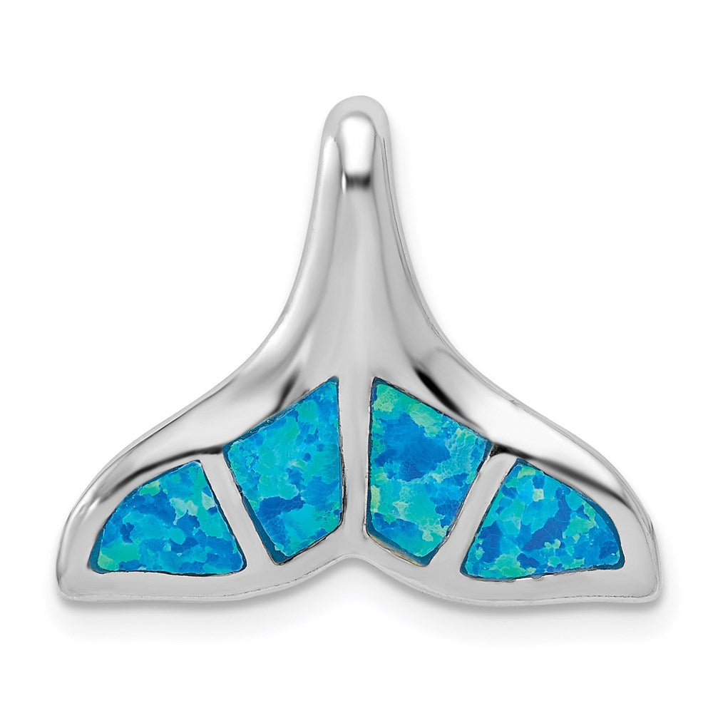 Sterling Silver Rhodium-plated Polished Created Blue Opal Whale Tail Chain Slide